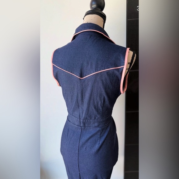 Unique Vintage western Dark Blue and Light Pink Fringe Midi Dress - Picture 3 of 3